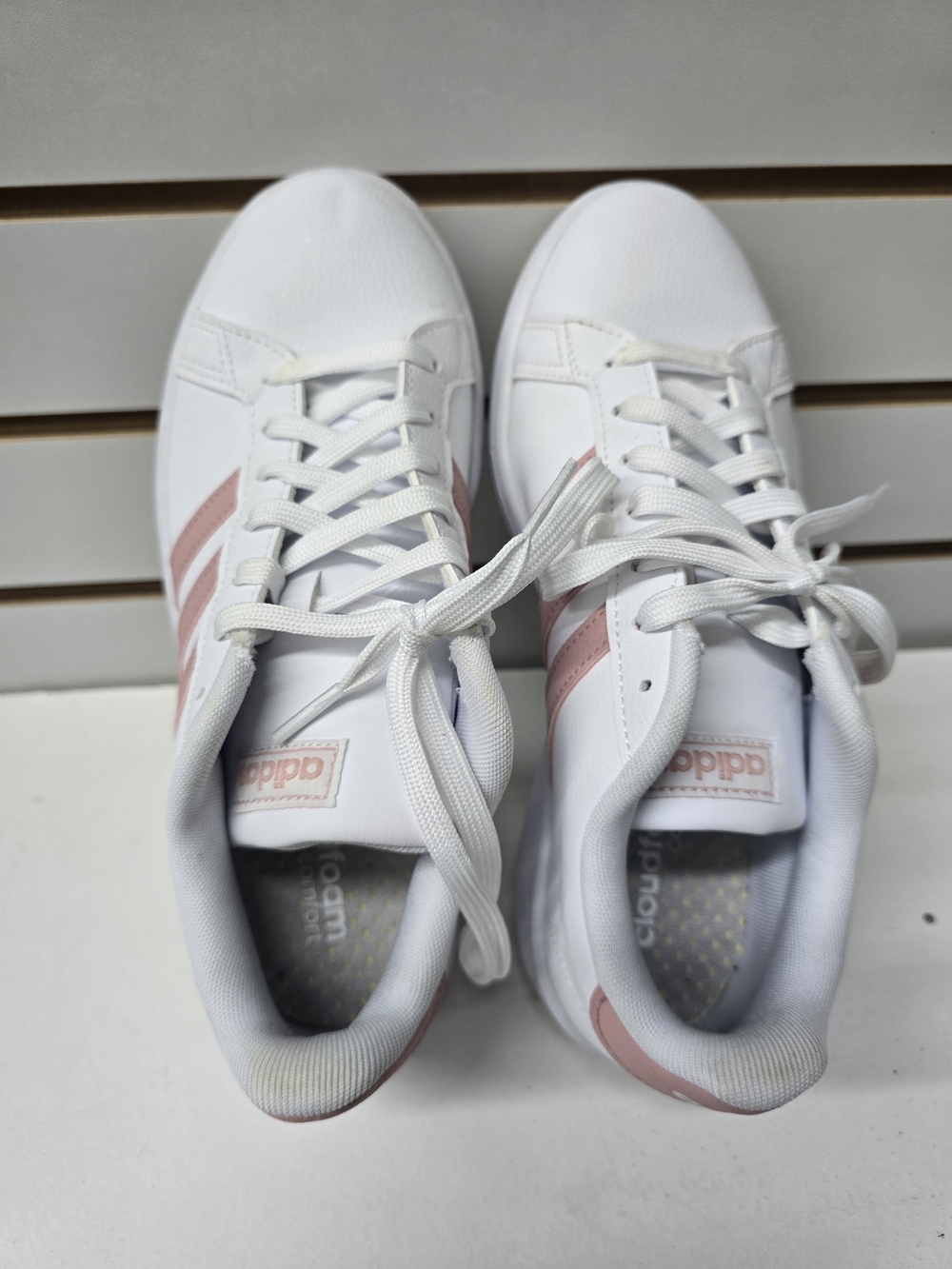 Adidas Women's White Sneakers with Pink Stripes 7.5